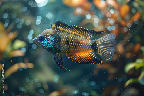 A fish swimming in a tank  with its scales reflecting the light