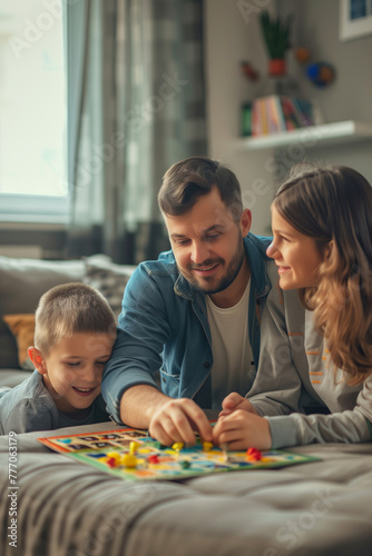 Young father and his kids playing board game at home. Dad and his children having fun with table game in a living room. Bonding and spending quality time with children.