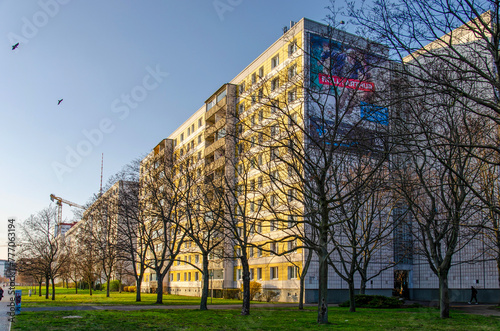 Berlin, Germany, March 7, 2024: large scale housing blocks from the GDR era in the eastern part of the city