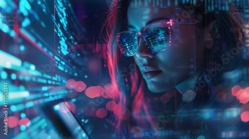 The woman behind the tablet, immersed in data analysis and digital technology, strives to unlock the potential of software and holograms for coding. photo