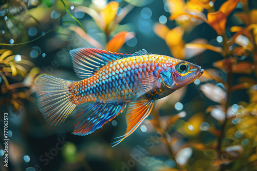 A fish swimming in a tank, with its scales reflecting the light
