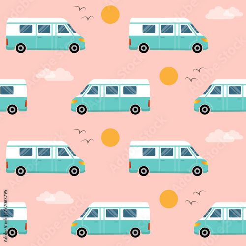 Seamless pattern with retro style camper vans.