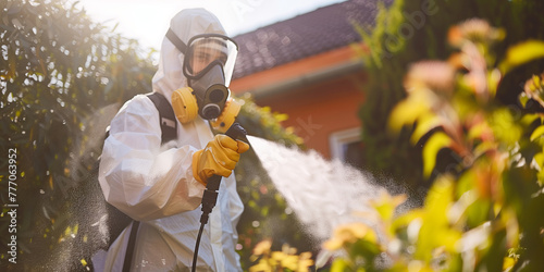 Disinfector in protective suit processes territory of garden plot sprays poison from mosquitoes, ticks and pests. Pest control worker spraying insecticides or pesticides outdoors. photo