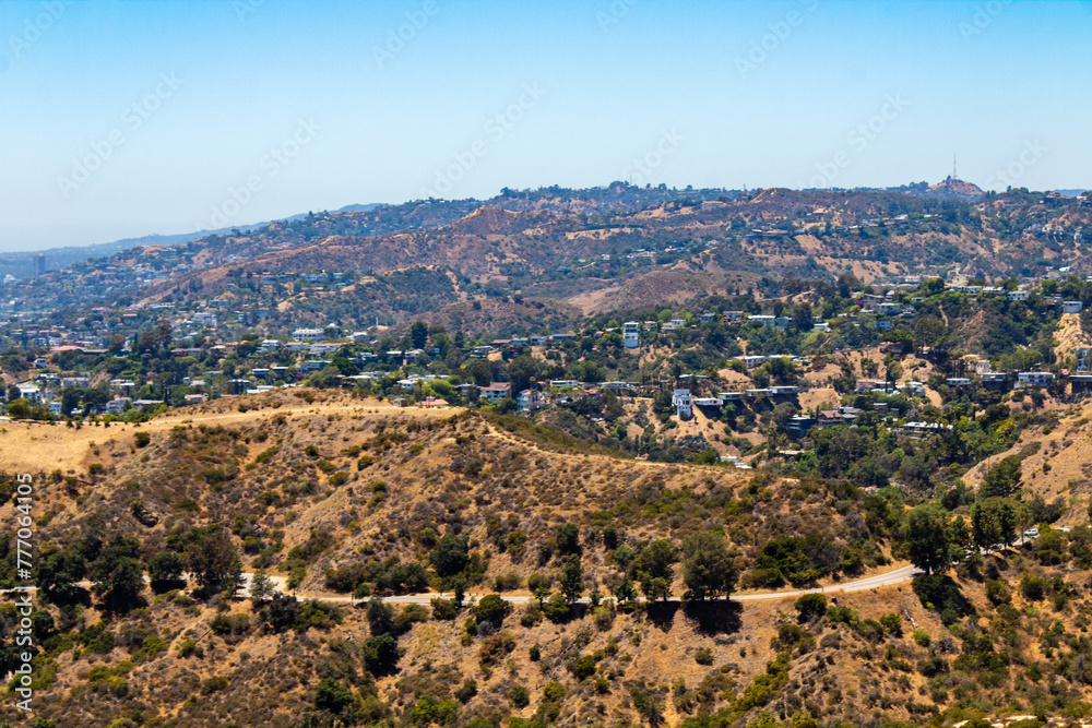 View of the Hollywood Hills residential neighborhood, from the Griffith Observatory in Los Angeles, California, USA.