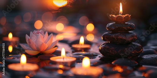 A tranquil scene with a lotus flower and candles on water, evoking peace and meditation.