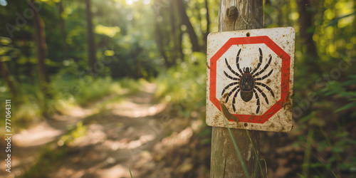 Infected ticks warning sign in a forest. Risk of tick-borne and Lyme disease. photo