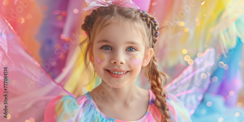 Cheerful six years old girl wearing rainbow fairy fancy dress celebrating birthday outdoors with colorful confetti and balloons. Children birthday party in a backyard.