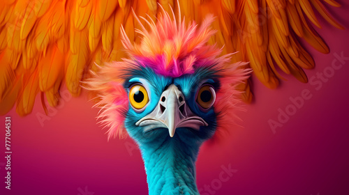 Creative animal concept. Emu bird, vibrant bright stylish outfit isolated on solid background advertising with copy space