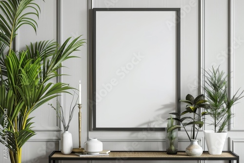 Empty painting in a black frame in a minimalist designer interior with plants © Krisartist94