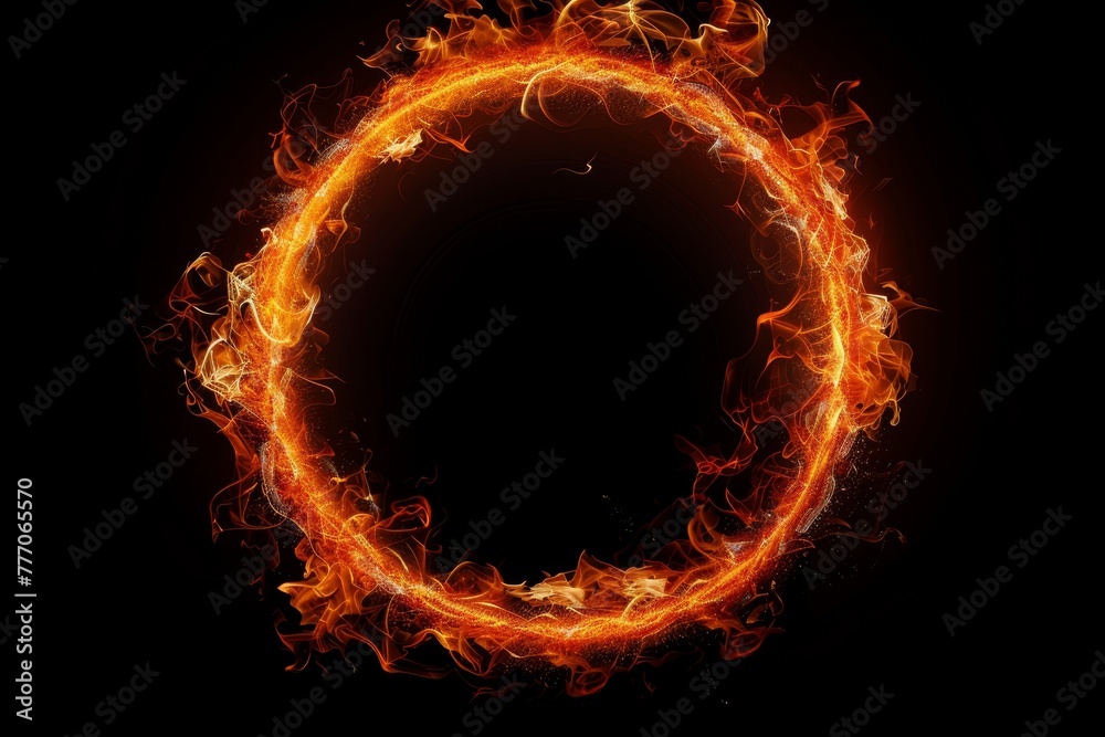 Circular frame created from fiery flames burning in circle formation against black backdrop Circular frame created from fiery flames burning in circle formation against black backdrop