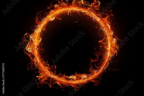 Circular frame created from fiery flames burning in circle formation against black backdrop