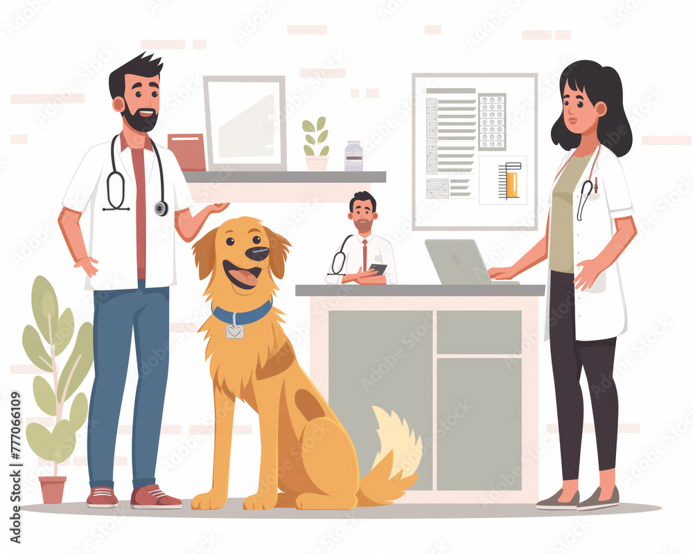 Happy dog in the veterinarian's office. A doctor with a stethoscope smiles benevolently at a dog, a nurse helps the doctor treat a dog