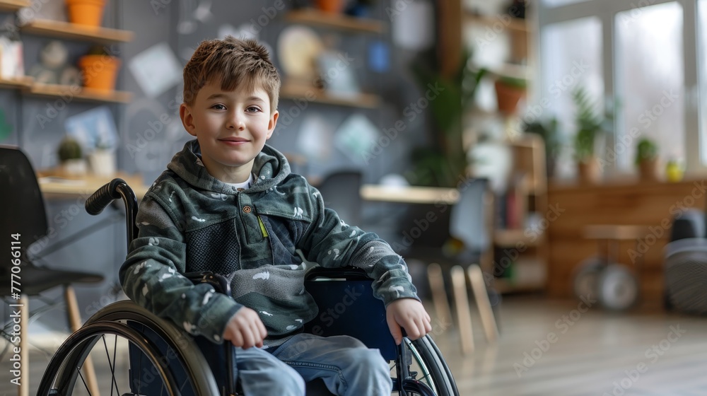 Disabled student in wheelchair focused on studying in inclusive classroom environment Disabled student in wheelchair focused on studying in inclusive classroom environment
