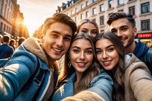 Eine Gruppe junger Menschen macht ein Selfie - gut gelaunt