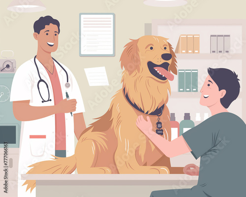 Happy dog in the veterinarian's office. A doctor with a stethoscope smiles benevolently at a dog, a nurse helps the doctor treat a dog photo