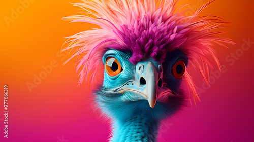 Creative animal concept. Emu bird, vibrant bright stylish outfit isolated on solid background advertising with copy space