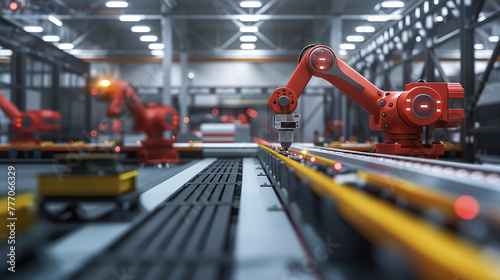 modern manufacturing environment where companies are embracing automation for routine tasks. The scene should vividly illustrate a variety of robots - factories with modern machine. photo