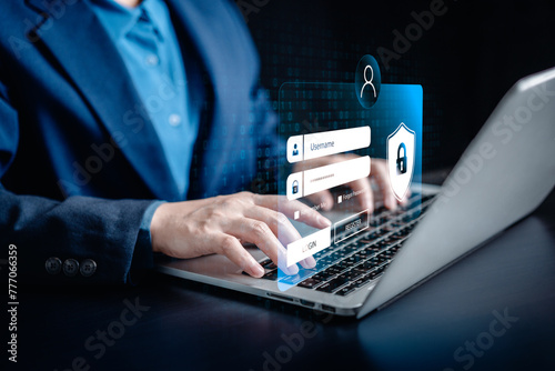 Internet network cybersecurity concept, data privacy protection from malicious attacks, digital information technology security, user accessing the laptop screen displays login of security information