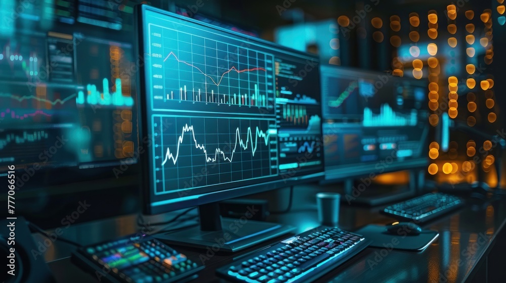 Business concept showing graphs and charts with numbers and lines in the stock market An office at night showing a candlestick chart on a computer or laptop