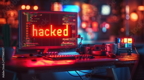 Computer screen warning website with "Hacked" written in red of the system was hacked after a cyber attack on the computer network, internet virus, hackers stole data