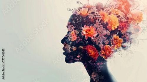 A blooming flowers in the structure of the silhouette of a woman's head with elements of blooming flowers.