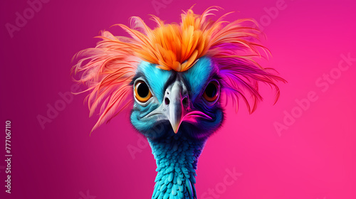 Creative animal concept. Emu bird, vibrant bright stylish outfit isolated on solid background advertising with copy space
