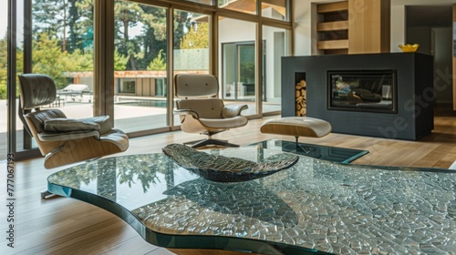 The living room features a functional and stylish fireplace topped with a recycled glass countertop. The smooth surface showcases a beautiful array of glass pieces in various shapes .
