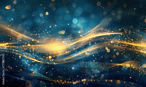 Blue luxury background. Fluid waves, golden lines and shimmering elements.