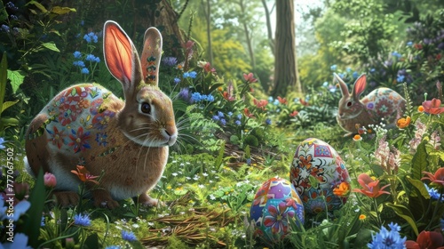 A rabbit, possibly a Mountain Cottontail or Audubons Cottontail, is nestled in the grass among Easter eggs, resembling a scene from a painting AIG42E photo