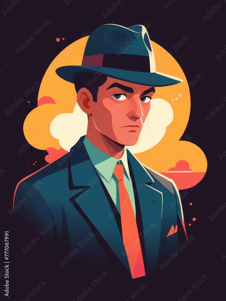 In a sleek flat illustration, a determined detective meticulously unravels intricate mysteries.