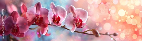 Blossoming Beauty A Close-up of Two Pink Orchids Amidst a Soft Blur of Colorful Bokeh Generative AI
