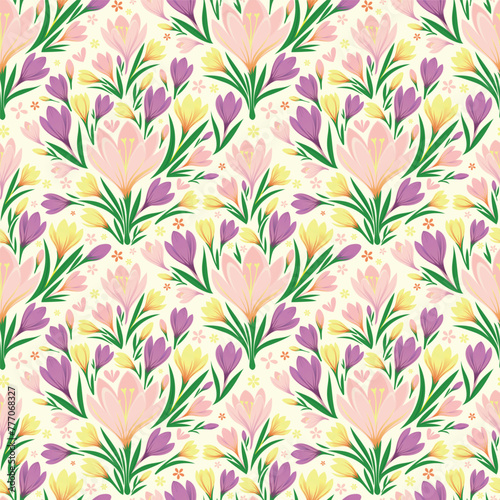 Floral ornament of crocuses, seamless pattern for printing on fabric, paper. Spring theme, delicate primroses.
