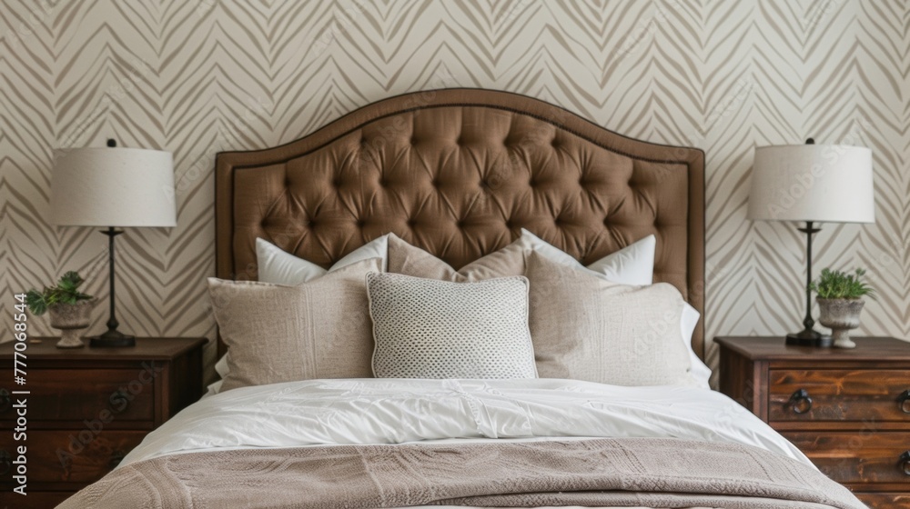 As you enter the master bedroom you are greeted by a grand herringbone upholstered headboard creating a striking visual contrast against the textured wallpaper. The timeless herringbone .