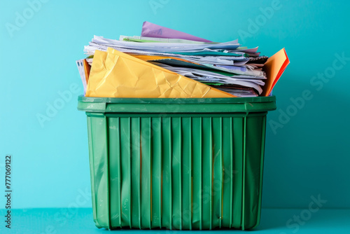 A bin contains piles of paper on a color background