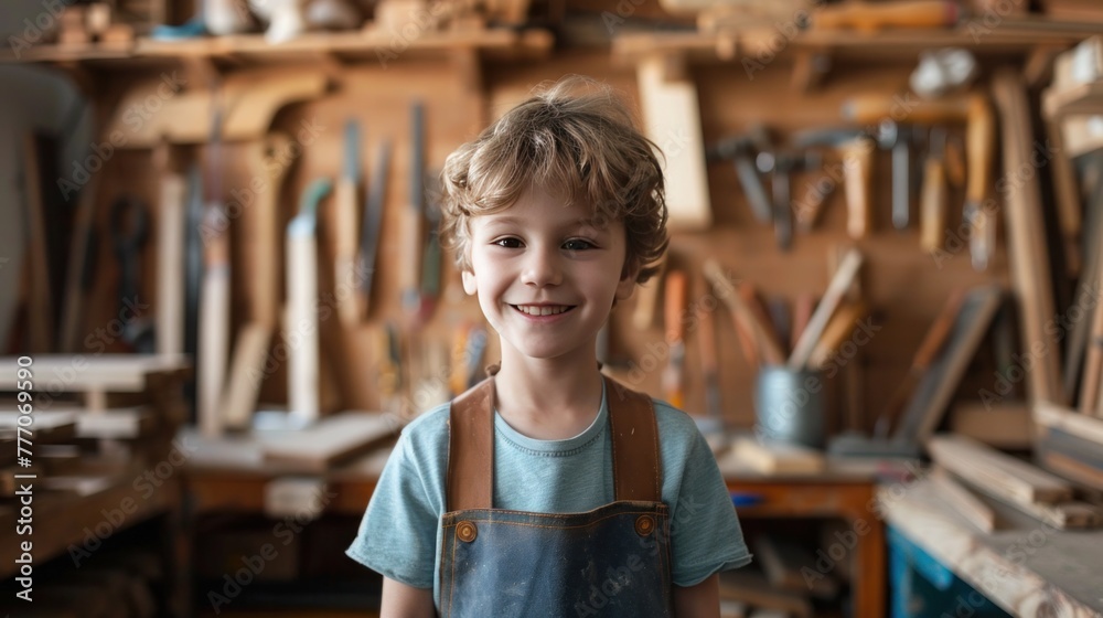 Fototapeta premium A smiling child in an apron stands in a woodworking shop with an array of tools hanging in the background.