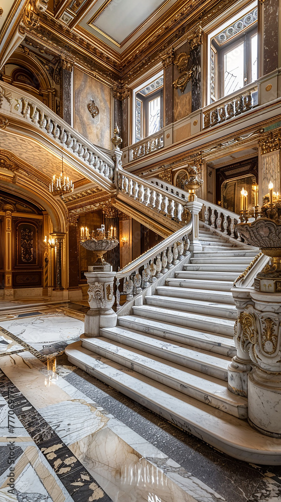 : A grand staircase in an opulent mansion, with marble steps and ornate banisters.