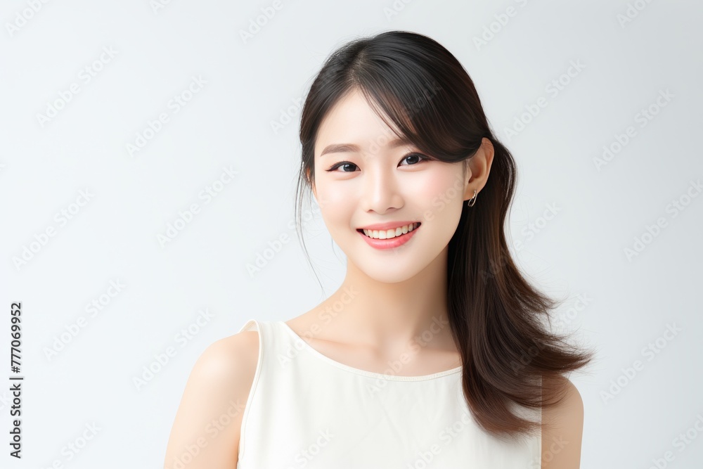 a Japanese woman's radiant smile in a meticulously crafted stock photo, embodying the epitome of professionalism. She is wearing white - pink pastel color on white background. a Japanese woman's radiant smile in a meticulously crafted stock photo, embodying the epitome of professionalism. She is wearing white - pink pastel color on white background.