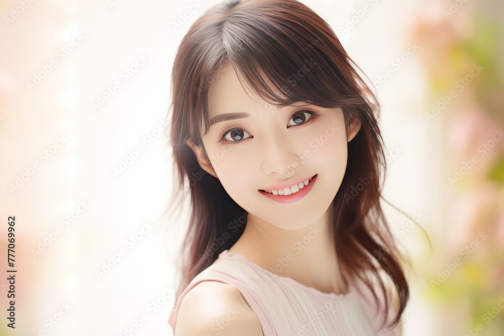 a Japanese woman's radiant smile in a meticulously crafted stock photo, embodying the epitome of professionalism. She is wearing white - pink pastel color on white background. a Japanese woman's radiant smile in a meticulously crafted stock photo, embodying the epitome of professionalism. She is wearing white - pink pastel color on white background.