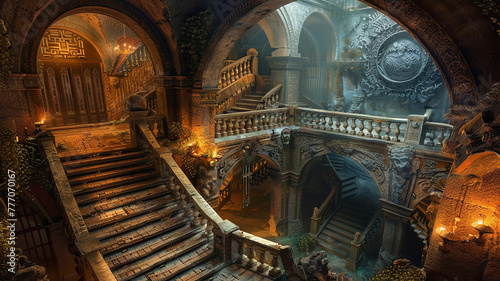 : A grand staircase leading down to a secret underground chamber filled with ancient artifacts.