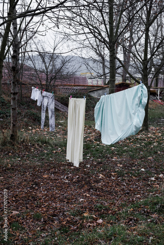 hanging clothes on a backyard 