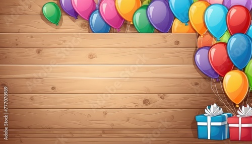 Capture memories with our customizable party frame mockup. Vibrant balloons and streamers against a charming wooden background