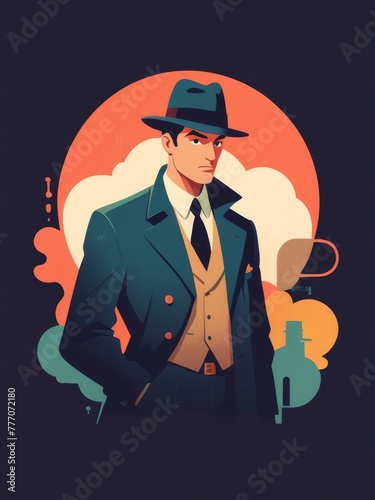 In a sleek flat illustration, a determined detective meticulously unravels intricate mysteries.