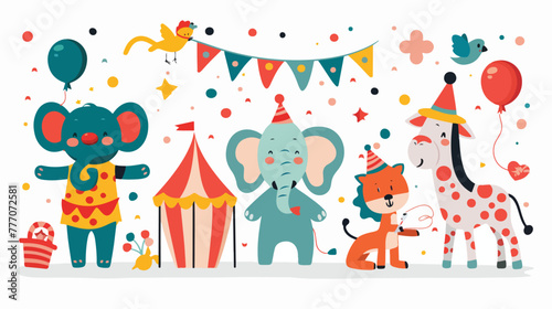 Cartoon happy animal circus and clown flat vector isolated