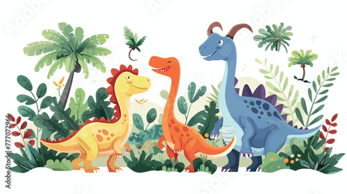 Cartoon happy dinosaurs living in the jungle flat vector