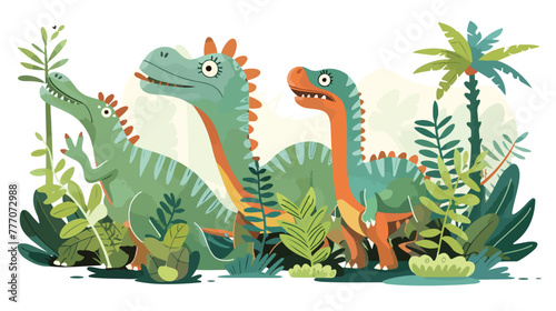 Cartoon happy dinosaurs living in the jungle flat vector © Jasmin