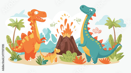 Cartoon happy dinosaurs with volcano flat vector isolated