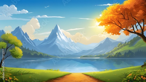 Vector lake with snowy mountain background