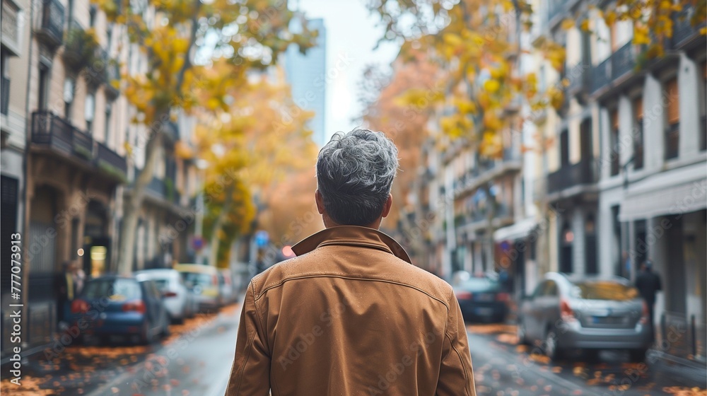 Handsome and mature man viewed from behind Standing back on the city street He was engrossed in his thoughts while admiring the city outside.