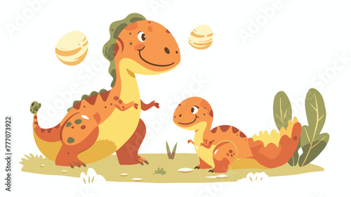 Cartoon happy Mother and baby dinosaur hatching flat vector