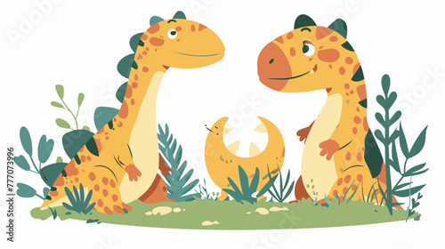 Cartoon happy Mother and baby dinosaur hatching flat vector